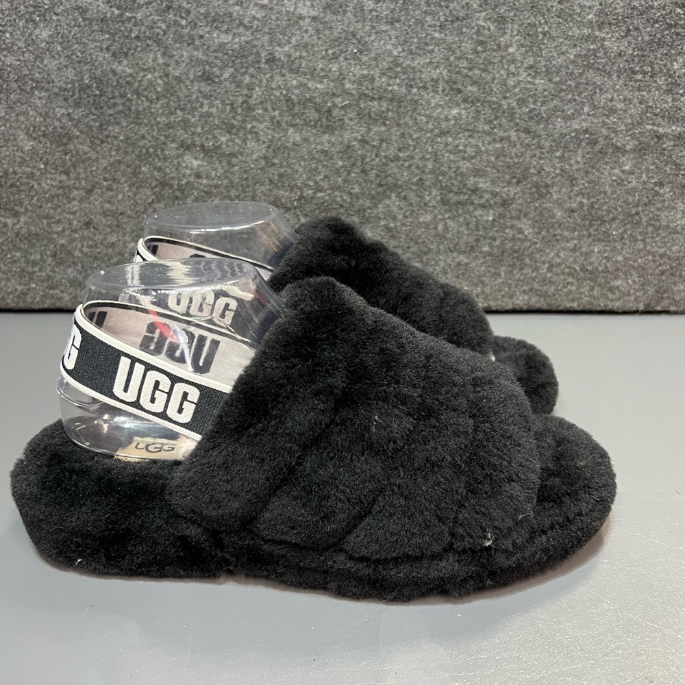 UGG Black Fluffy Slide Sandals with Branded Elastic Heel